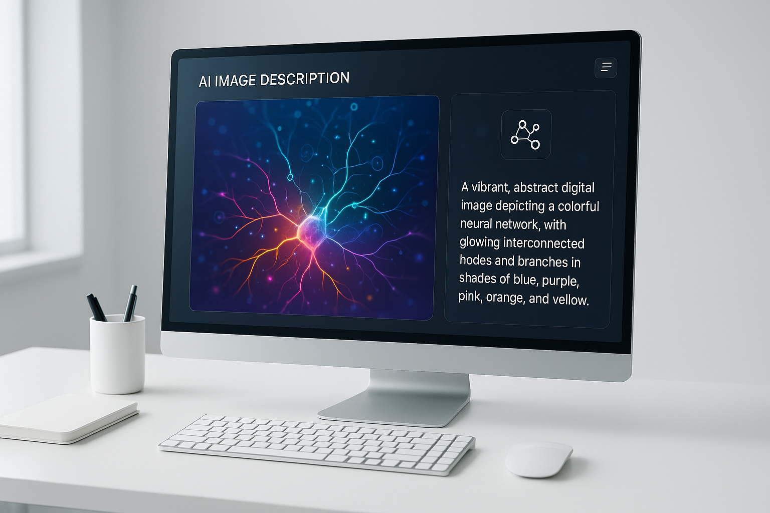 AI Image Describer interface showing image analysis and description generation