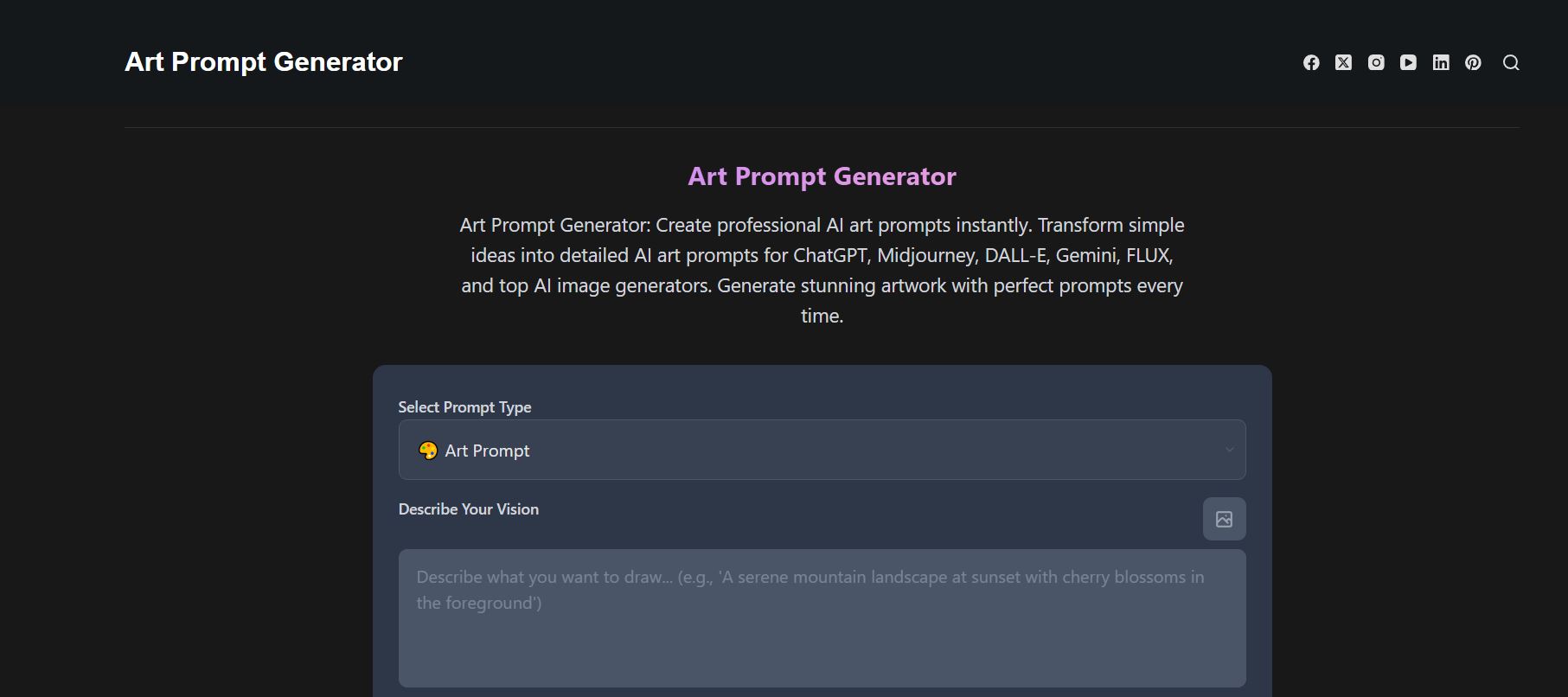PromptGenerator.art professional interface showing advanced AI art prompt customization with style mood and technical parameter controls