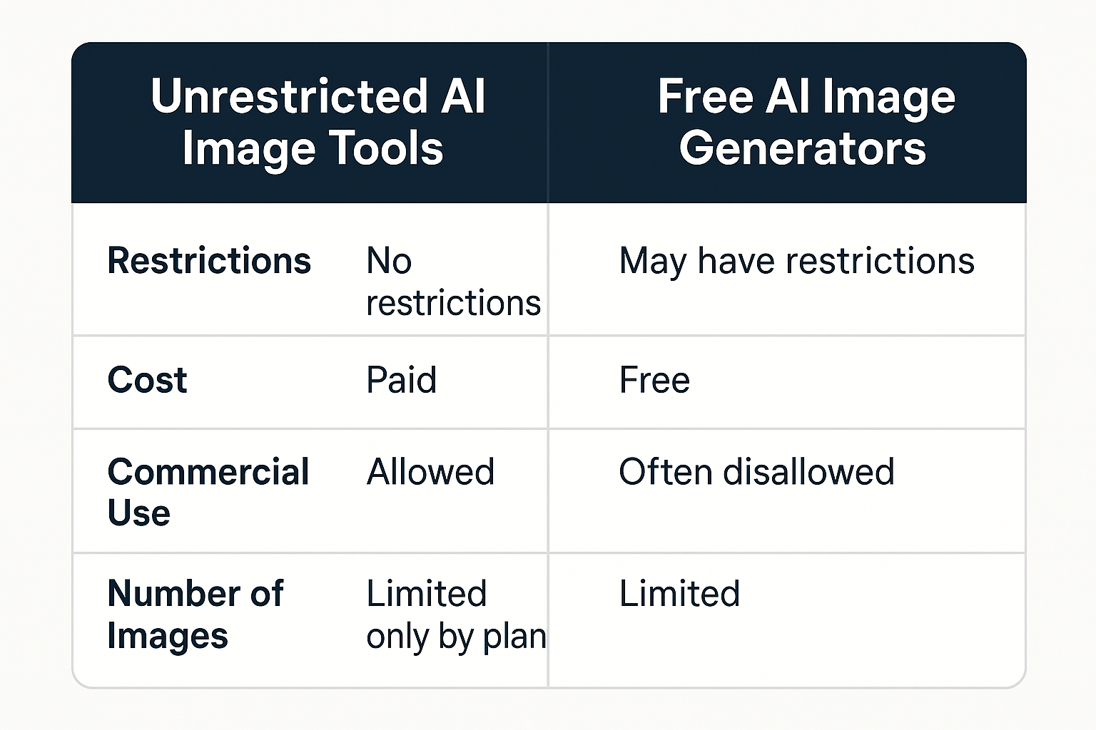 comparison chart of unrestricted ai image tools and free ai image generators no restrictions