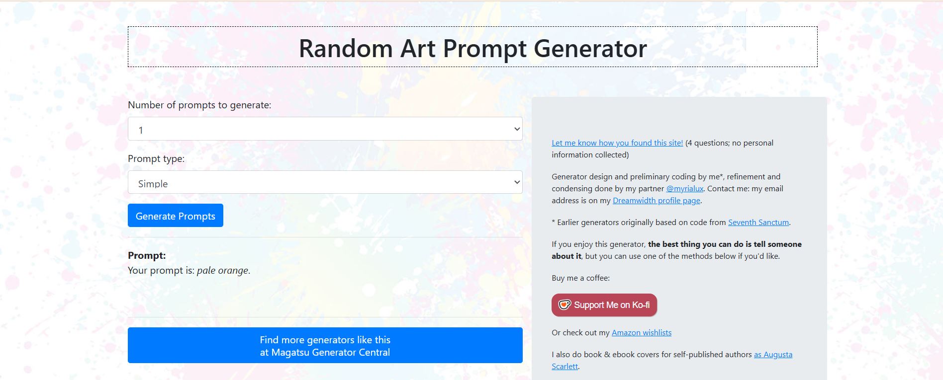 Magatsu art prompt generator interface showing colorful child-friendly drawing prompts with simple categories and clean layout